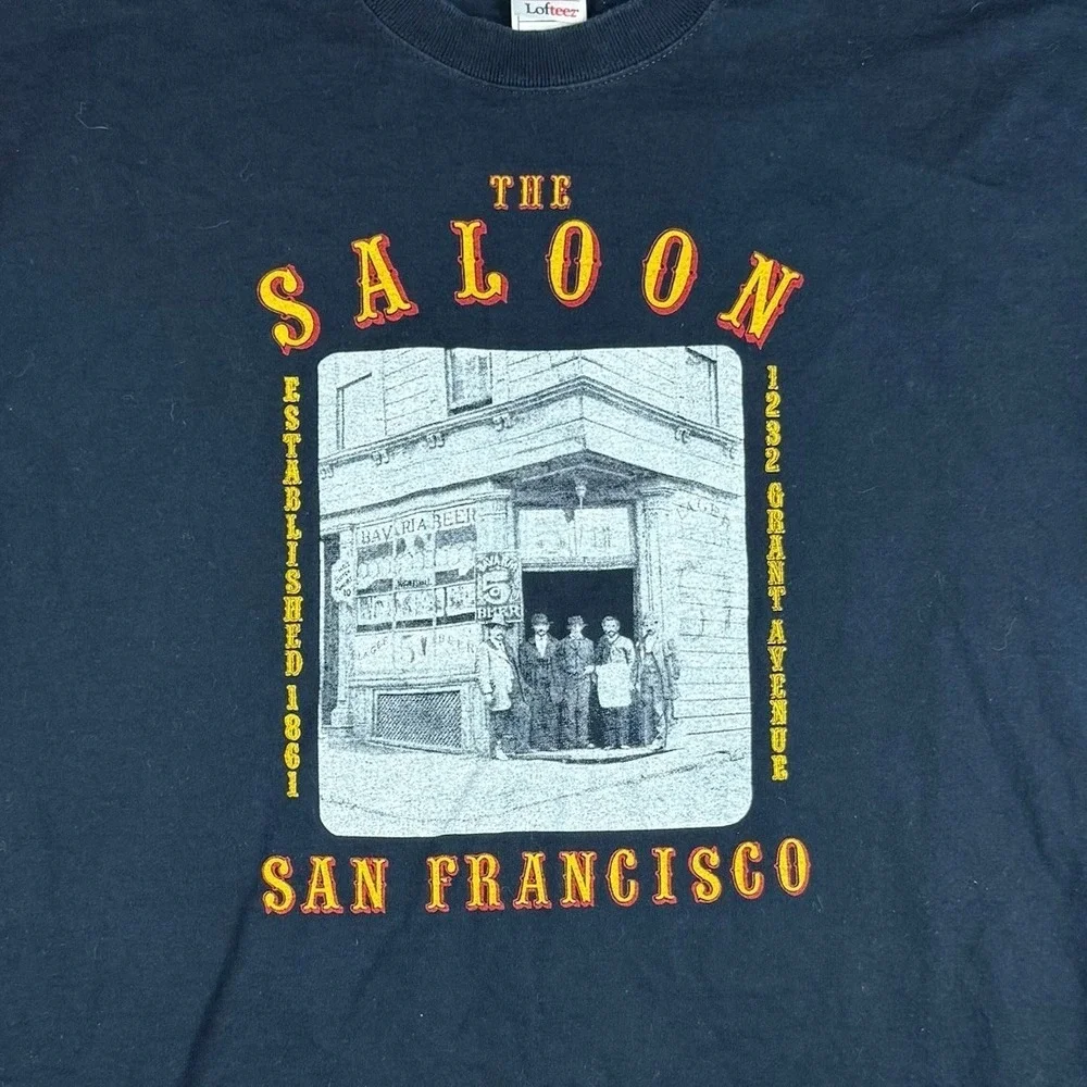 Vintage San Francisco Saloon Tee Mens 2XL Black Bar Pub Graphic USA Fabric Shirt